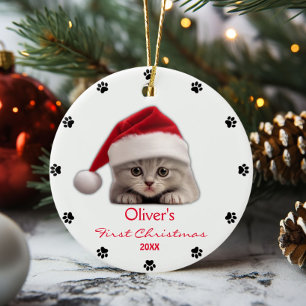 Cute Shorthair Cat Santa Hat Paw Personalised Ceramic Ornament