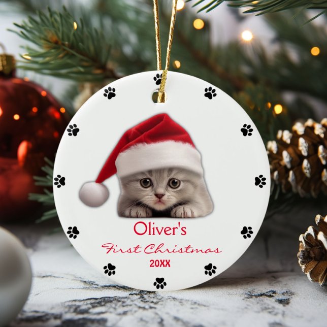 Cute Shorthair Cat Santa Hat Paw Personalised  Ceramic Ornament (Creator Uploaded)
