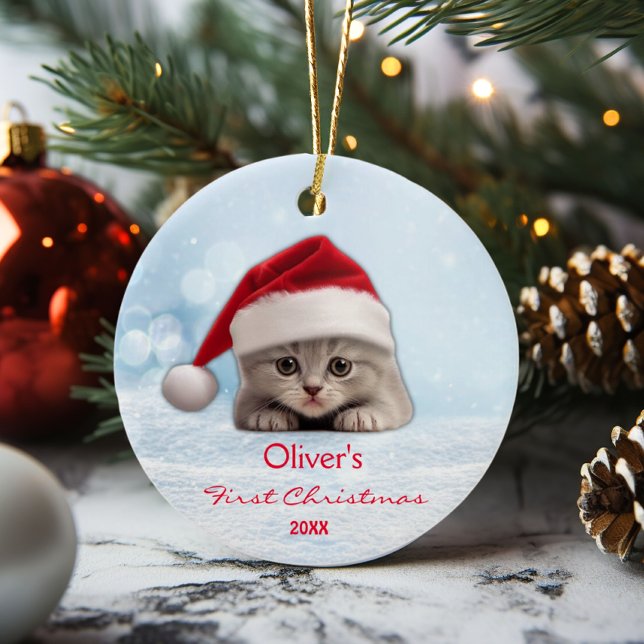 Cute Shorthair Cat Santa Hat Paw Personalised  Ceramic Ornament (Creator Uploaded)