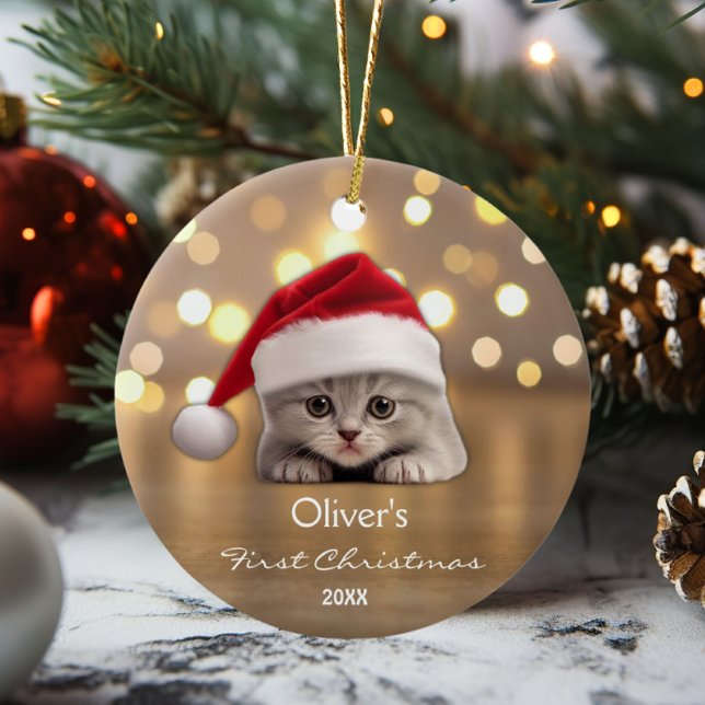 Cute Shorthair Cat Santa Hat Paw Personalised Gold Ceramic Ornament (Creator Uploaded)