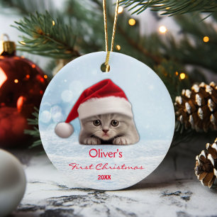 Cute Shorthair Cat Santa Hat Paw Personalized  Ceramic Ornament