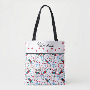 Cute Shots Nurse   Doctor EKG Pattern Name Tote Bag
