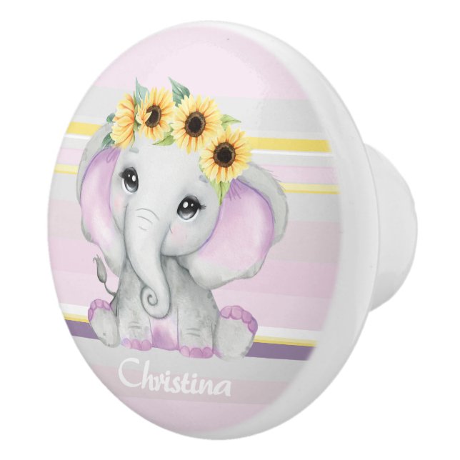 Cute shy baby elephant girl with Sunflowers pink Ceramic Knob (Right)