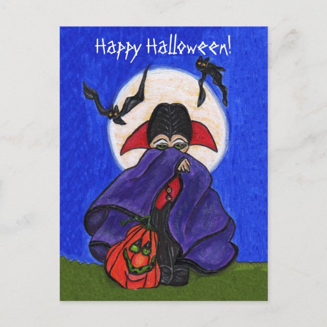Cute Shy Vampire Purple Cape Smiling Pumpkin Bats Postcard (Front)