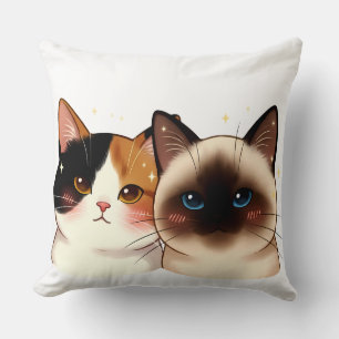 Cute Siamese & Calico Cat Portrait Duo   Adorable  Cushion