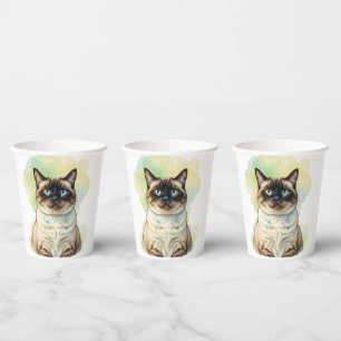 Cute Siamese Cat Blue Eyes Watercolor Pet Art Paper Cups