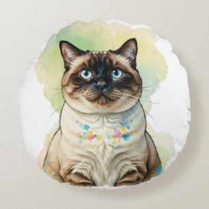 Cute Siamese Cat Blue Eyes Watercolor Pet Art Round Cushion