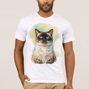 Cute Siamese Cat Blue Eyes Watercolor Pet Art T-Shirt