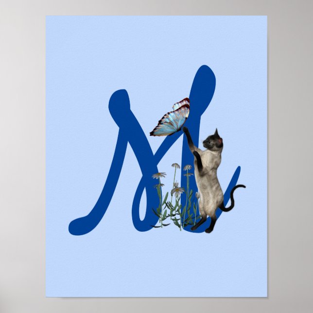 Cute Siamese Cat Butterfly Monogram Initial M Poster (Front)