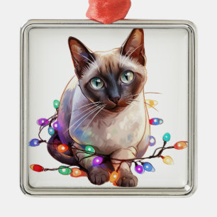 CUTE SIAMESE CAT CHRISTMAS HOLIDAY LIGHTS METAL ORNAMENT