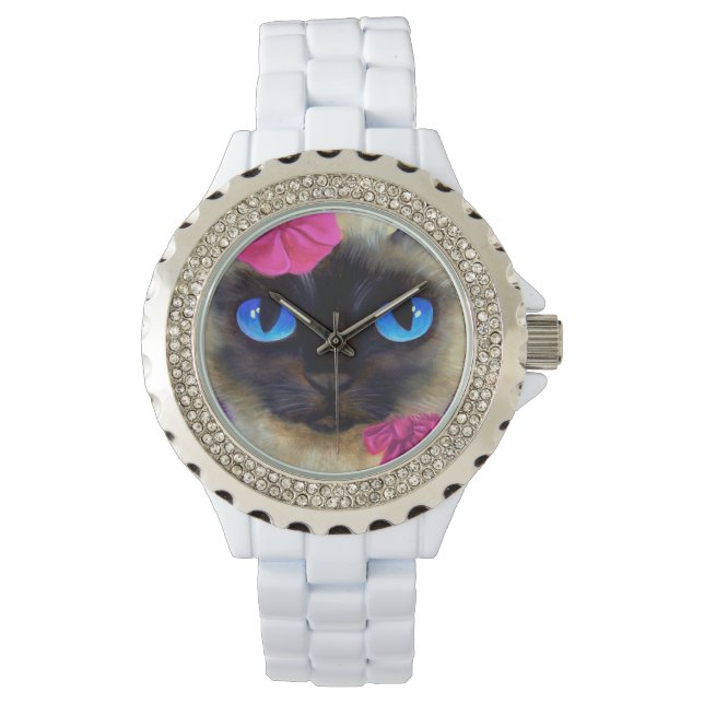 Cute Siamese Cat Elegant Pink Ribbon Illustration Watch (Front)