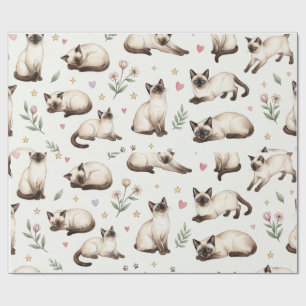 Cute Siamese Cat Floral Pattern with Hearts Wrapping Paper