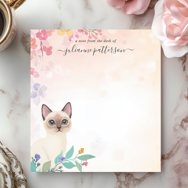 Cute Siamese Cat Floral Personalised Name Notepad (Creator Uploaded)