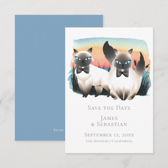 Cute Siamese Cat Gay Couple Save The Date Wedding Invitation (Front/Back)