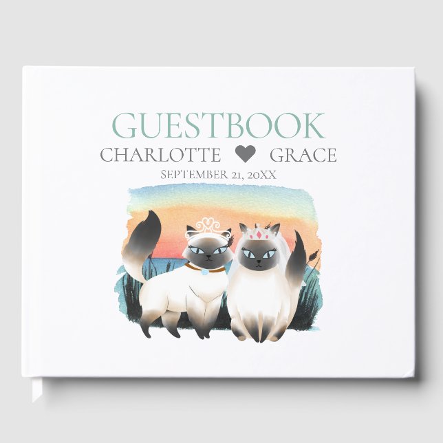 Cute Siamese Cat Gay Lesbian Grooms Couple Wedding Guest Book (Front)
