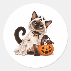 Cute Siamese Cat Ghost Halloween Classic Round Sticker