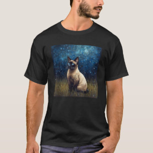 Cute Siamese Cat In A Starry Sky Night Painting  T-Shirt