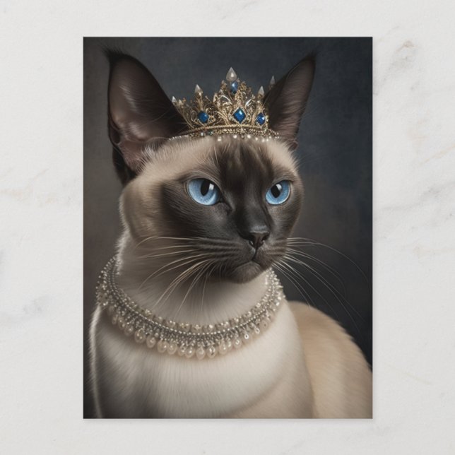 cute Siamese cat Pearl necklace blue jewel crown  Postcard (Front)