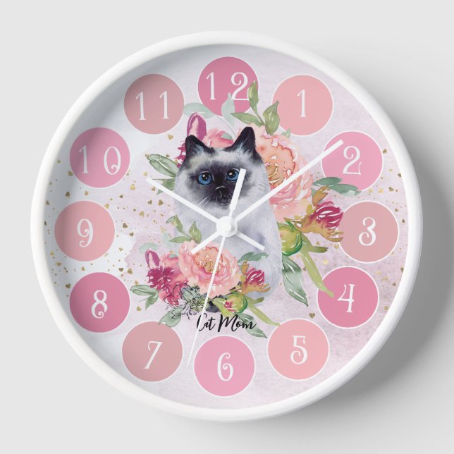 Cute Siamese Cat Pink Flower Girly Clock (Front)