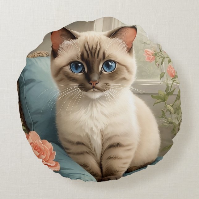Cute Siamese Cat Round Cushion (Back)