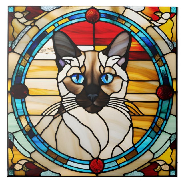 Cute Siamese Cat Stained Glass Decorative Tile (Front)