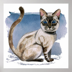 Cute Siamese Cat Watercolor Painting Poster