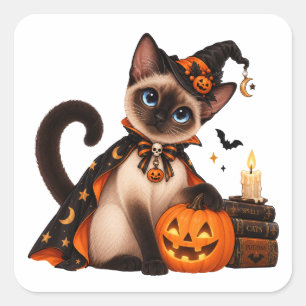 Cute Siamese Cat Witch Halloween Square Sticker