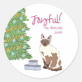 Cute Siamese Cat with Tuna Joyful Christmas  Classic Round Sticker