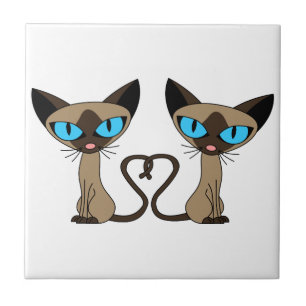 Cute Siamese Cats Tail Heart Ceramic Tile