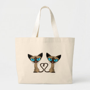 Cute Siamese Cats Tail Heart Large Tote Bag
