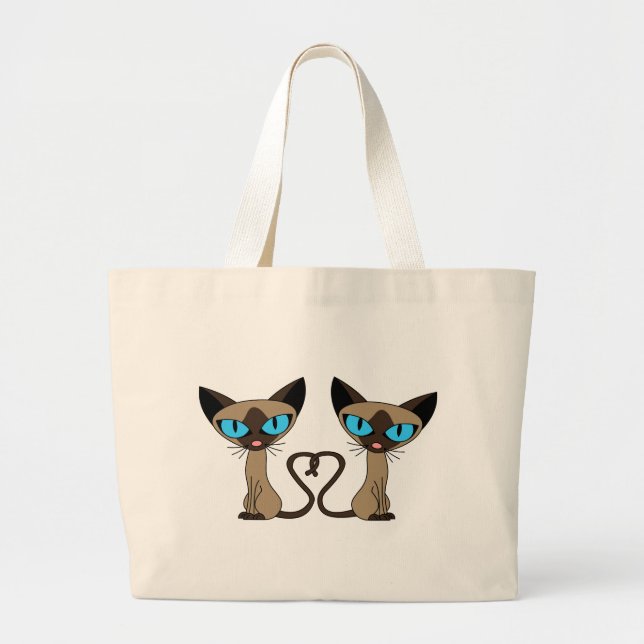 Cute Siamese Cats Tail Heart Large Tote Bag (Front)