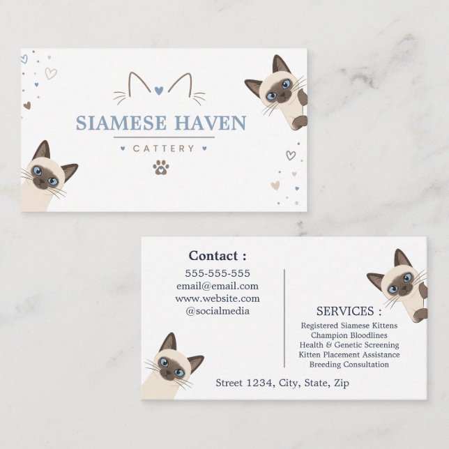 Cute Siamese Cattery Customisable Business Card  (Front/Back)