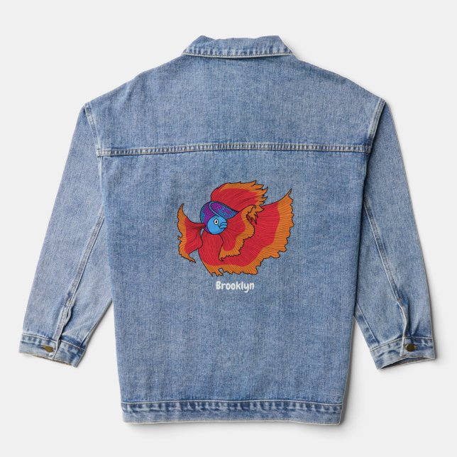 Cute Siamese fighting fish betta cartoon  Denim Jacket (Back)