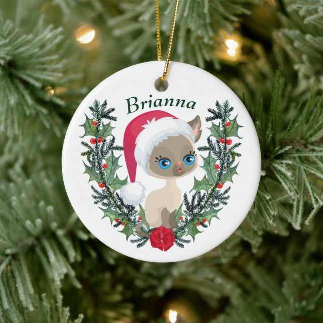 Cute Siamese Kitten Christmas Wreath Ceramic Ornament (Tree)