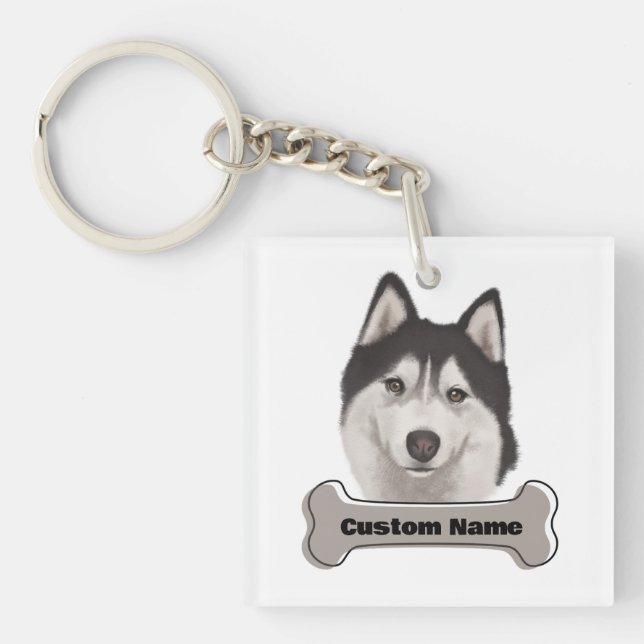 Cute Siberian Huskies Watercolor Pet Dog Key Ring (Front)