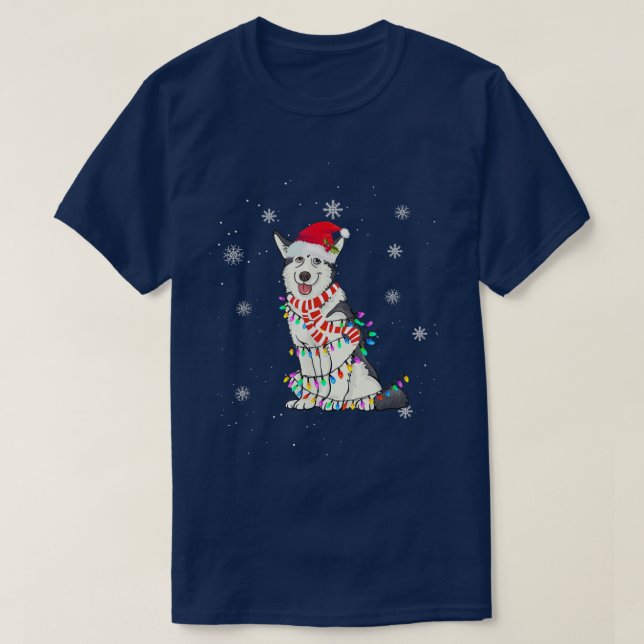 Cute Siberian Husky Christmas Dog Lights Christmas T-Shirt (Design Front)