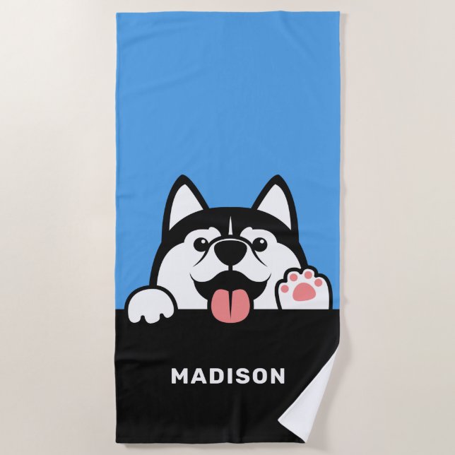 Cute Siberian Husky custom name Beach Towel (Front)