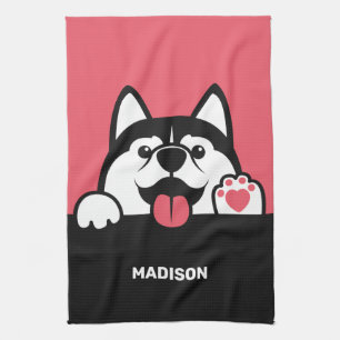 Cute Siberian Husky custom name & colour Tea Towel