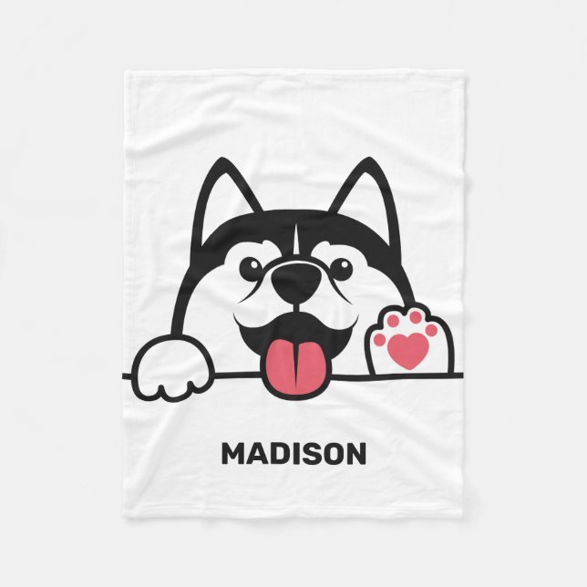 Cute Siberian Husky custom name Fleece Blanket (Front)