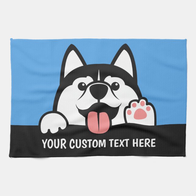 Cute Siberian Husky custom text Tea Towel (Horizontal)