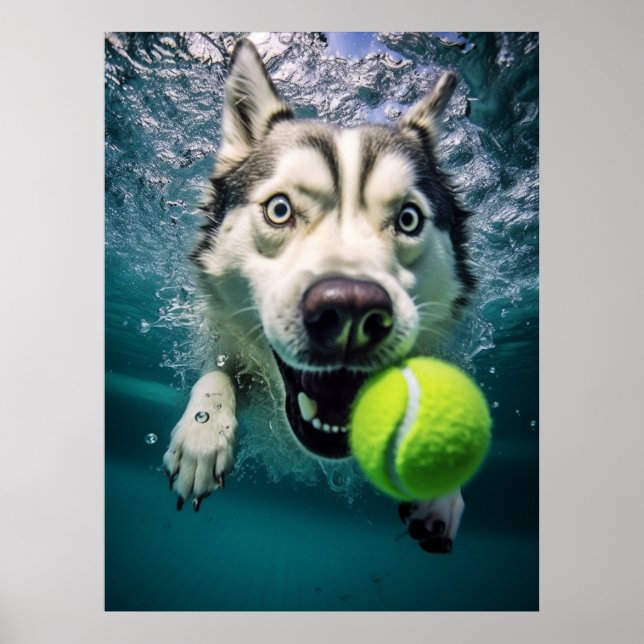 Cute Siberian Husky Diving Underwater Poster (Front)