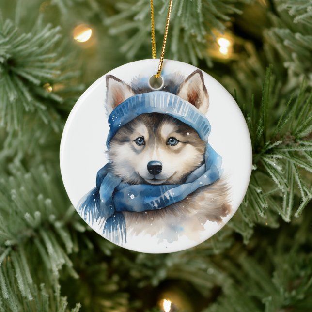 Cute Siberian Husky Dog Christmas Ceramic Ornament (Tree)
