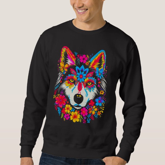 Cute Siberian Husky Dog Flowers Sweatshirt (Front)