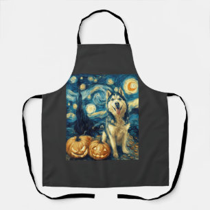 Cute Siberian Husky Dog Halloween Jack O Lantern P Apron