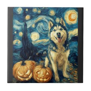 Cute Siberian Husky Dog Halloween Jack O Lantern P Ceramic Tile