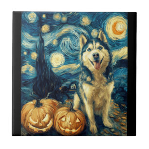 Cute Siberian Husky Dog Halloween Jack O Lantern P Ceramic Tile