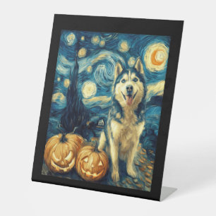 Cute Siberian Husky Dog Halloween Jack O Lantern P Pedestal Sign