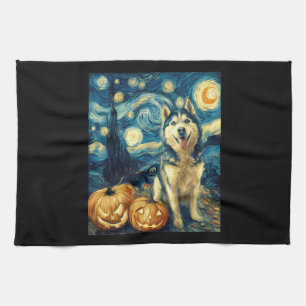 Cute Siberian Husky Dog Halloween Jack O Lantern P Tea Towel
