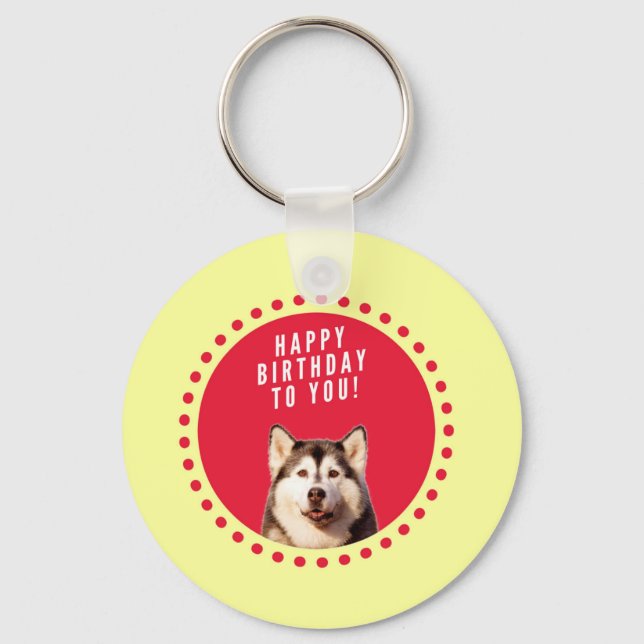 Cute Siberian Husky Dog Happy Birthday Key Ring (Front)