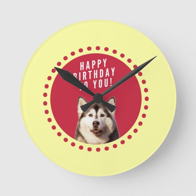 Cute Siberian Husky Dog Happy Birthday Round Clock (Front)